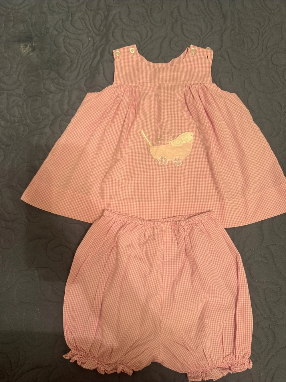 Pink Baby Gingham Dress & Bloomers Set with Pram appliqué, Lullaby Set, 2T